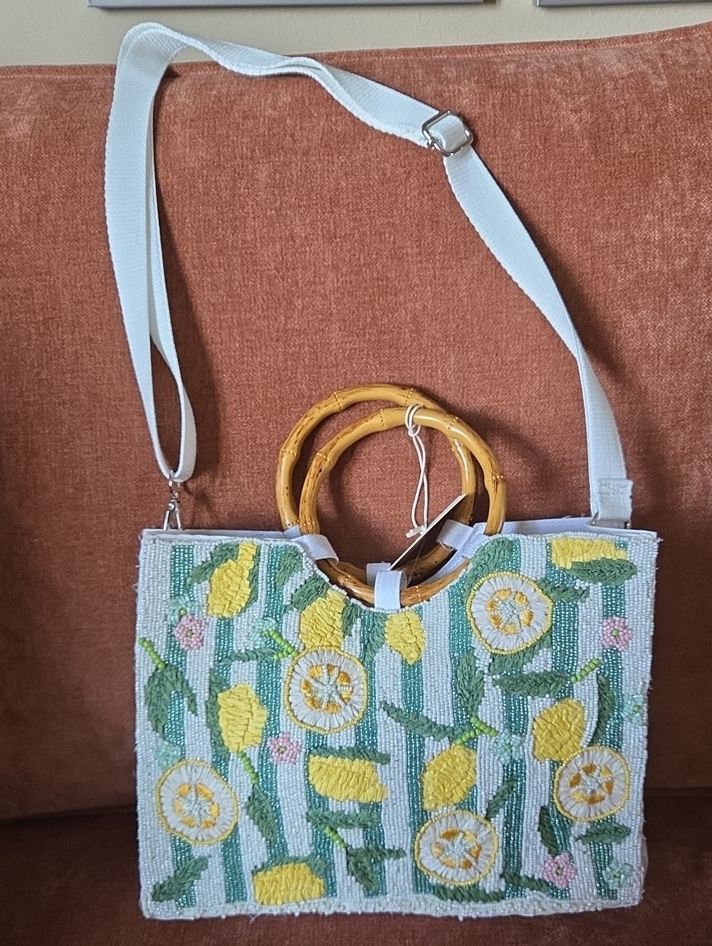Womens SOL and MER Beaded Summer Satin Purse Tote Bag Lemons Wood Handles NWT - Picture 6 of 9